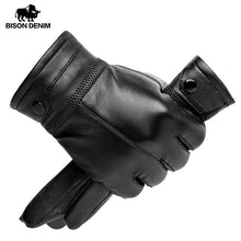 Load image into Gallery viewer, BISON DENIM Men Genuine Sheepskin Leather Gloves Autumn Winter Warm Touch Screen Full Finger Black Gloves High Quality S019
